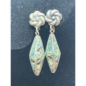 VTG Sterling Screw-Back Earrings Crushed Turquoise Drop & Floral Studs 2" READ